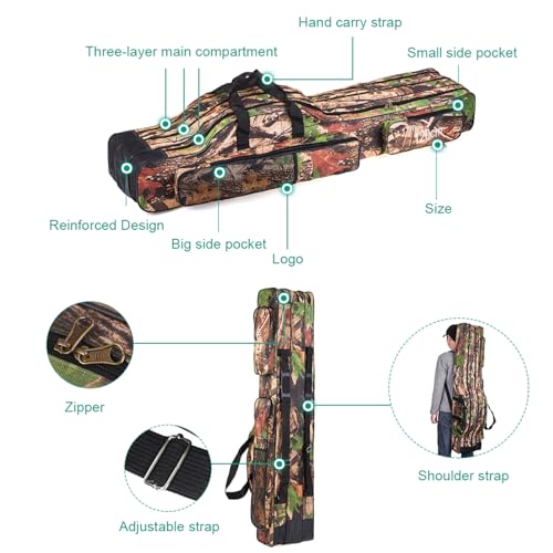 3 Layers Fishing Pole Bag,Portable 3 Layers Oxford Folding Rod Carry Case,Fishing Reel Tackle Storage Bag Case - color: Earthy yellow, size: 120cm/47.2in