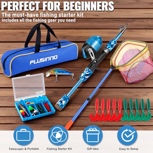 PLUSINNO Kids Fishing Pole with Spincast Reel Telescopic Fishing Rod Combo Full Kits for Boys, Girls, and Adults - color: Blue (with Fishing Net), size: 5FT / 1.5M