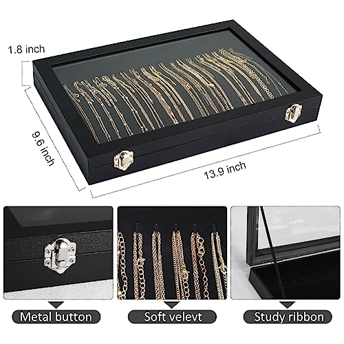 Necklace Organizer Box with Clear Lid Velvet Tray for Jewelry Storage Display Case, 20 Hooks Glass Top Drawer Insert Necklaces Pendants Dustproof Necklace Jewelry Box Organizer & Tray (Black) - color: Black, size: Necklace tray