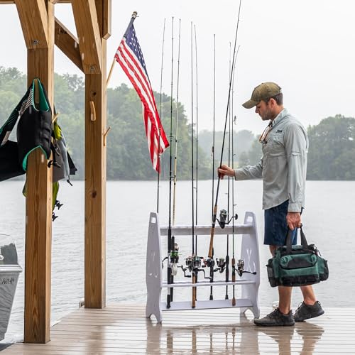 StoreYourBoard Marlin Fishing Rod Rack for Garage & Dock | Freestanding Fishing Pole Holders for Garage Holds Up to 24 Rods & Reels | Washable Weather-Resistant PVC Fishing Rod Storage Organizer
