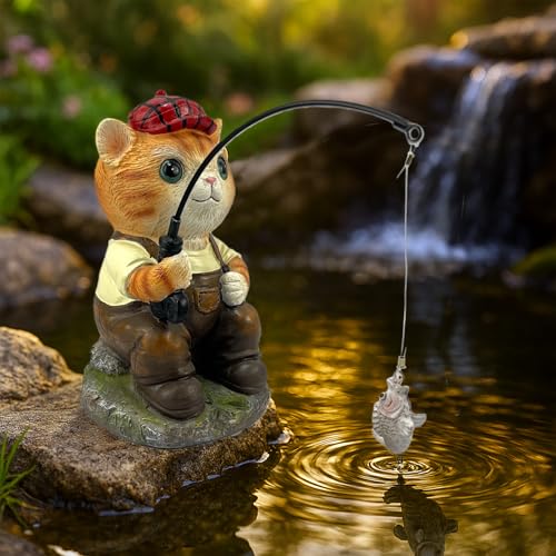 GARDEN WHISPER Cat Statue Outdoor Koi Pond Garden Decoration, Cat Decor for Yard 7.1'' Fishing Tabby Statue Outdoor Garden Decor, Fishing Guy for Waterfalls or Koi Pond Additioanl, Gifts for Mom - color: Fishing Cat（orange）