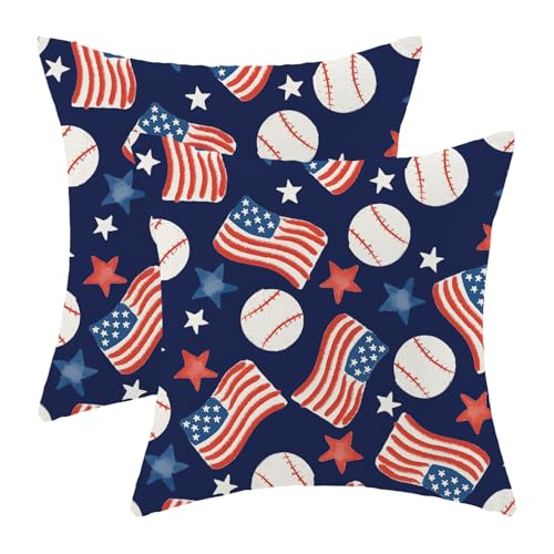 4th of July Pillow Covers 16x16 Inch 2pcs Patriotic Baseball American Flags Navy Blue Throw Pillows Red Blue Stars Independence Day Pillowcase Outdoor Decorative Linen Cushion Covers for Sofa Couch - color: Baseball American Flag, size: 16" x 16" (Pack of