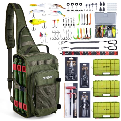 Goture OpenSide Fishing Sling Tackle Storage Bag with 3 3700 Tackle Boxes, Lightweight Fishing Backpack Storge Fishing Gear and Equipment - Green Bag for Fishing,Gift for men - color: Green, size: Large bag with 3700 trays, style: Bag + Fishing Boxes(hand