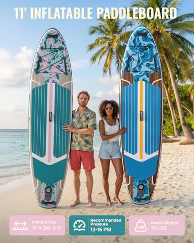 11ft Inflatable Stand Up Paddle Board, Wood Grain Ultra Lightweight SUP, 430lb Capacity for Adults Youth Family, for Fishing Surfing Camping, Includes Backpack & Pump - color: Pink Grained Grey Wood with Seat