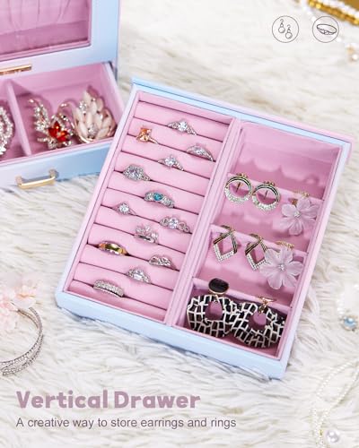 Homde Jewelry Organizer Girls Women Jewelry Box for Necklaces Rings Earrings Gift Bracelets Storage Case (Blue - Pink Gradient + Gold) - color: Blue - Pink Gradient + Gold