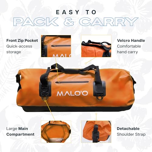Malo’o Waterproof Dry Duffel, Heavy-Duty Roll Top Waterproof Gear Bag with Shoulder Strap & Molle Loops, Marine Duffel for Kayaking, Boating, Camping, Beach & Travel, Orange, 100L - color: Orange, size: 100L