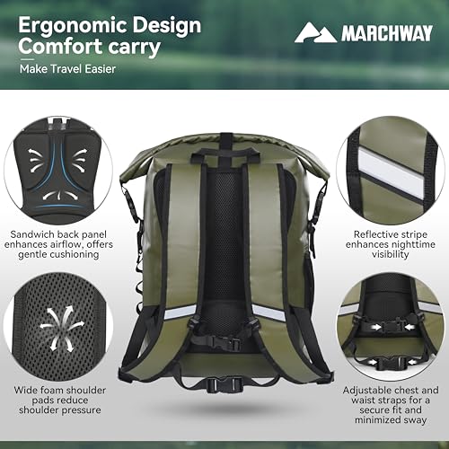MARCHWAY Roll Top Waterproof Backpack, Floating Dry Bag 20L/30L/45L with Ergonomic Rectangular Base, Cushioned Back, Hip Strap for Hiking Camping Kayaking Travel (Army Green, 30L) - color: Army Green, size: 30L