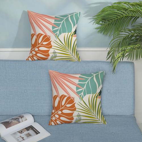 Summer Tropical Pillow Covers 18x18 Set of 2, Monstera Palm Leaf Pillowcase Green Orange Botanical Coral Summer Throw Pillows Outdoor Decor Farmhouse Cushion Case Linen Decorative for Home - color: Colorful Tropical, size: 18" x 18" (Pack of 2)