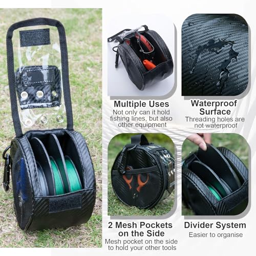 Goture 3/6 Outlet Holes Fishing Line Storage Bag, 2 Sizes Clear View Window Fishing Line Case, Removable Divider Fishing Line Organizer, Water-Resistant Surface, Tangle-Free Leader Line Spool Bag - color: 3 Hole - Only Bag