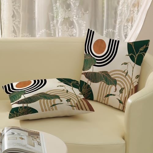 Boho Green Pillow Covers 18x18 Set of 2 Green Gold Leaf Tropical Mid Century Throw Pillows Outdoor Bohemian Modern Decorative Pillowcase Farmhouse Linen Cushion Case for Couch Sofa Decor - color: Mid Century-green, size: 18" x 18" (Pack of 2)