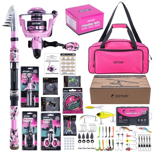Goture Pink Fishing Rod and Reel Combo - ML Action Spinning Reel Pole with Pink Bag - Telescopic Rod Kit for Starter Travel Saltwater Freshwater, Gift for Woman - color: Pink Pole - Duffle Bag (w/ Bottle Opener), size: 7FT/2.1M