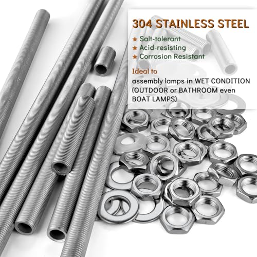 Stainless Steel Lamp Pipe,Lamp Repair Hardware Assortment,SS304 Lamp Assembly Hardware Including 10" Nipples,Washers & Locknuts.Threaded Lamp Rod for Outdoor Lamps (304 Stainess Steel)