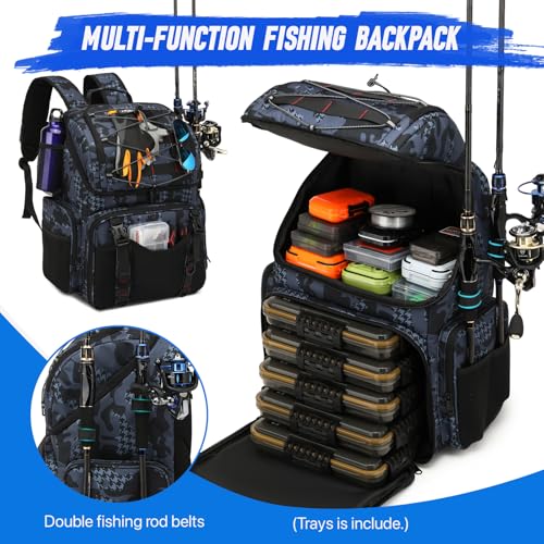 RUCYEN Fishing Backpack, 45L Large Cooler Fishing Tackle bag with Rod Holders & Rain Cover, Water-resistant Store Gear(With 4 Tackle Boxes) - color: Black Camo(With 4 Tackle Boxes)