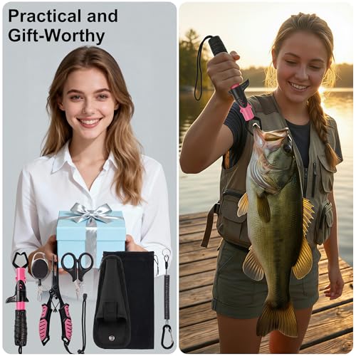 Fishing Gear Set for Women, 6PCS Fishing Accessories Tool Kit with Fish Lip Gripper & Pliers, Ice Pink Fishing Gear for Freshwater Saltwater, Gift for Fishermen,Gripper Fishing Gifts for Men