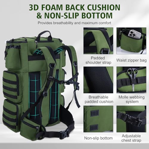 Goture Fishing Backpack with Cooler,72L Large 600D Tackle Backpack with Rod Holders,Dry & Wet Split Compartment,Adjustable Main Compartment,Rain Cover,Insulated Tactical Bag for Travel Camping Hiking - color: A1:Green(Only Bag,Without Tackle Box)