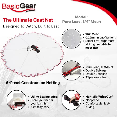 BasicGear Cast Net | Lead, 3ft-12ft Radius, 3/8 or 1/4 inch Mesh for Freshwater and Saltwater Bait Fish| Professional Grade and Upgraded Material | Throw Style - size: 8ft Radius, 1/4" Mesh