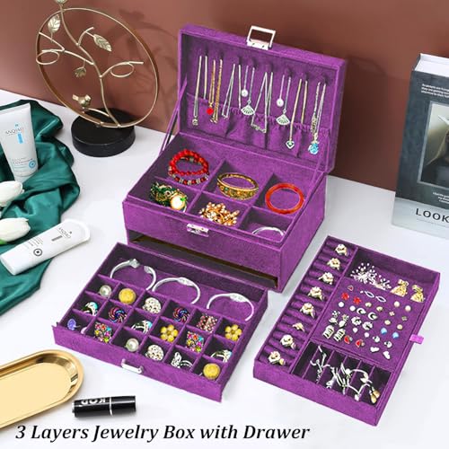 QBestry 3-Layer Jewelry Box for Women with Lock and Key & Drawer, Large Jewelry Organizer with 8 Necklace Hooks & 56 Earring Holes, Purple Velvet Jewelry Storage Box for Necklace Earring Ring Bracelet - color: Purple