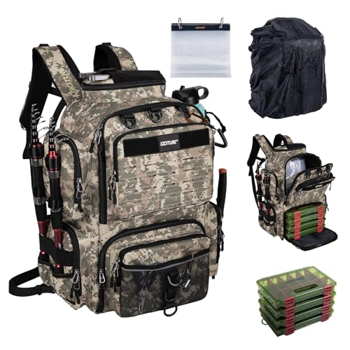 Goture Fishing Backpack with 4 Tackle Boxes,900D Water-Resistant Tackle Backpack with Rod Holders,SBS Zippers,45L Large Tackle Storage Gear Bag with Rain Cover,Bottle Holder for Travel Camping Hiking - color: A1:3# Camo, size: Include 4 Tackle Boxes