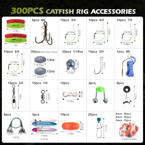Goture Catfish Rig Making Kit,274pcs/300pcs Catfishing Tackle with Luminous Fishing Hook Swivel Sinker Weights Rattle Float Bobber Stoppers,Catfish Rigs Accessories with 3600 Tackle Box,Gifts for Men - color: A2:300pcs Catfish Tackle Kit