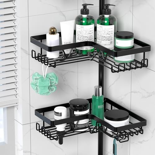 DAOYA Shower Caddy Tension Pole Corner with 4 Removable Baskets & 2 Towel Bar - Expandable Shower Caddy Corner Adjustable 25-114.2 Inches Upgraded Bath Organizer for Tub(Stainless Steel, Black) - color: Black-4
