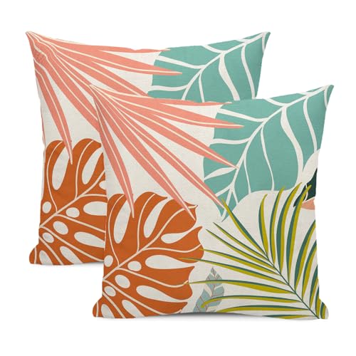 Summer Tropical Pillow Covers 18x18 Set of 2, Monstera Palm Leaf Pillowcase Green Orange Botanical Coral Summer Throw Pillows Outdoor Decor Farmhouse Cushion Case Linen Decorative for Home - color: Colorful Tropical, size: 18" x 18" (Pack of 2)