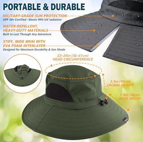 Wide Brim Sun Bucket Hat, Waterproof Boonie Hat for Men & Women | UPF 50+ UV Protection, Adjustable Fit, Chin Strap & Sweatband, Foldable Durable for Fishing Hiking Garden Beach - color: 01 Army Green