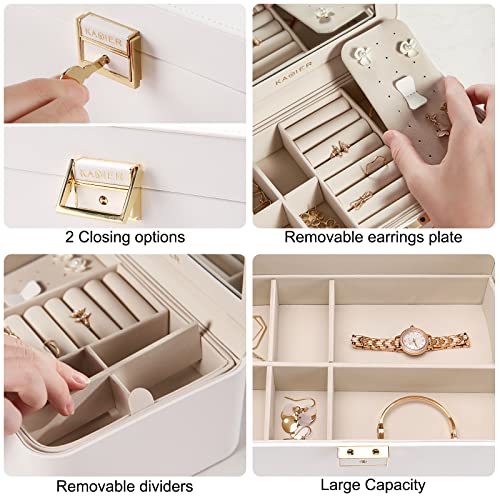 KAMIER Travel Jewelry Box, 2 Layers PU Leather Portable Jewelry Organizer, Large Capacity, Double Lock and Large Mirror, Hidden Necklace Hooks, Removable Dividers, Gift Box Packaging, White - color: White, size: mirror