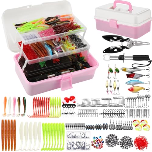 517 Pcs Large 3 Layers Tackle Box with Tackle Fishing Lures Kit Included Pliers, Fish Lip Gripper, Crankbait, Hooks, Other Accessories Fishing Kit for Men Gifts Summer Vacation(Pink White) - color: Pink White