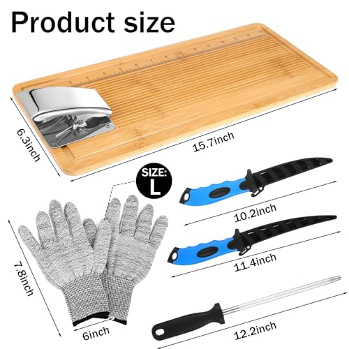 6 Pcs Fish Cleaning Kit Include Cutting Board Fish Fillet Boards with Clamp 2 Knife Cut Resistant Gloves Scale with Built in Measuring Tape Sharpening Rod (Classic) - style: Classic