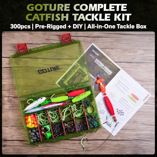 Goture Catfish Rig Making Kit,274pcs/300pcs Catfishing Tackle with Luminous Fishing Hook Swivel Sinker Weights Rattle Float Bobber Stoppers,Catfish Rigs Accessories with 3600 Tackle Box,Gifts for Men - color: B2:300pcs-2pcs Pre-rigged Catfish Rigs&Tackle