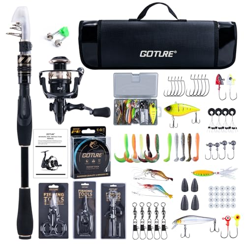 GOTURE Telescopic Fishing Rod and Reel Combos, Carbon Fiber Travel Fishing Pole, 9+1 BB Spinning Reel, Saltwater Freshwater Fishing Gear Kit with Braided Line, Lures, Carrier Bag for Bass Trout - color: 1 Rod & 1 Reel Spinning Fishing Combo - Portable Fis
