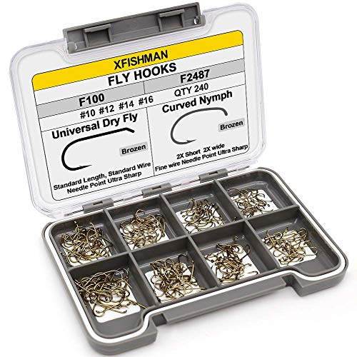 Fly-Hooks-for-Fly-Tying-Dry-Wet-Barbless-BL-Nymph-Flies Curved Czech Scud Fishing Hooks 10# ~16# Assortment Pack of 100-240 Hooks with Box - color: Fly Hooks F100&F2487 Qty 240