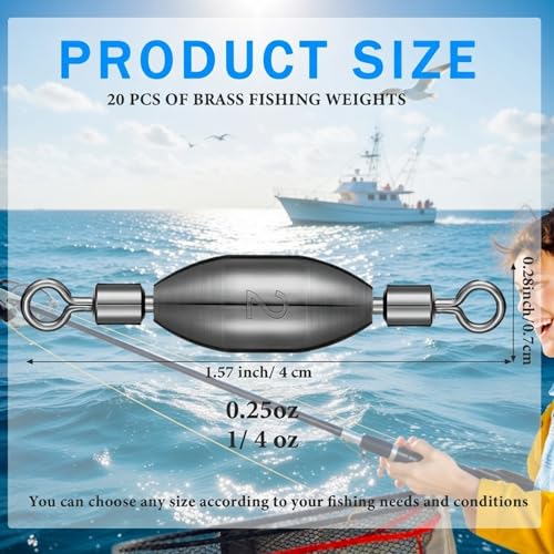 Seenelling 20 Pcs Brass Fishing Sinker Swivel Fishing Weights Saltwater Bullet Sinkers Drop Shot Weight Egg Sinkers with Swivel Rolling Removable Freshwater - size: 1/4 oz