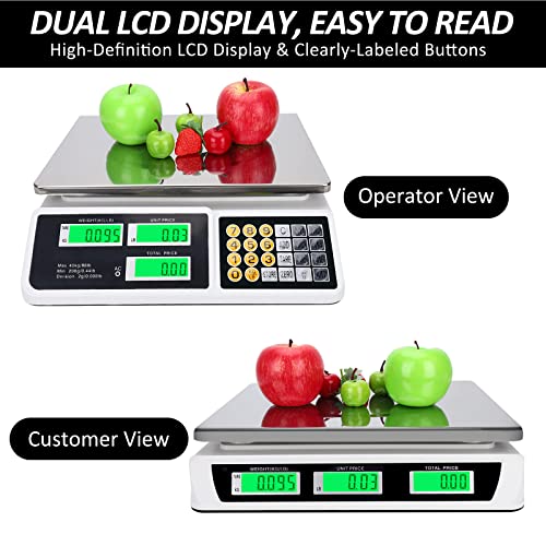 Price Computing Scale 88lb/40kg LCD Digital Commercial Price Scale with Stainless Steel Platform,Produce Scale & Food Scale for Farmers Market, Retail Outlets, Meat Shop (Flat Plate)