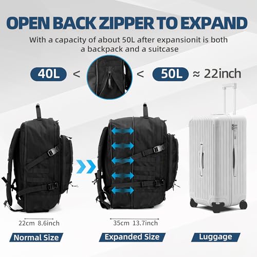 gracedon Men’s Military Style Backpack, 3-5 Day 1000D Water Resistant Tactical Pack with Zinc Alloy Zippers, Hidden Pocket & D-Ring Accessories for Outdoor Sports (Black1)
