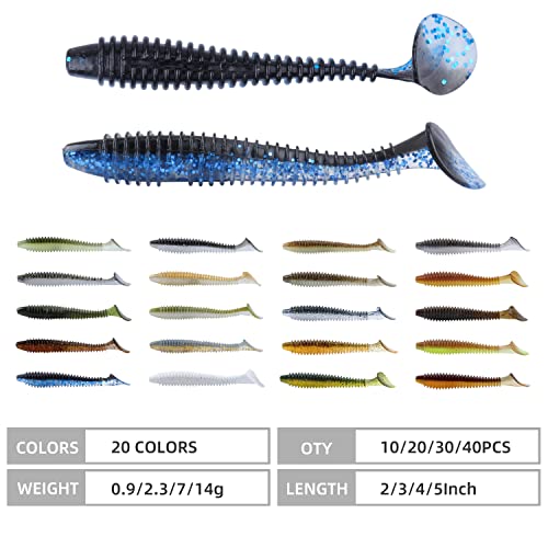 RUNCL Swimbaits Paddle 10/20/30/40PCS, 5/4/3/2 Inchs Paddle Tail, Soft Lure for Trout Crappie Bass, Durable Plastic Bait Swimmer for Saltwater/Freshwater, Fishing Lover's Gift - color: Black Blue, size: 5in, 10pcs