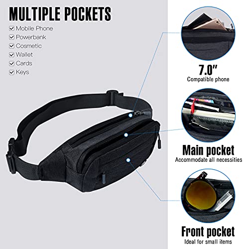 WATERFLY Fanny Pack Waist Bag: Small Hip Pouch Bum Bag Fannie Pack Phanny Fannypack Waistpack Bumbag Beltbag Sport Slim Fashionable for Jogging Hiking Hiker Woman Man - color: Black