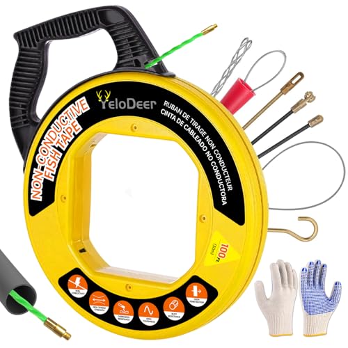 Non-Conductive Fish Tape Wire Puller 100 FT x 4.5 mm with Gloves and 7 Adapters, Flexible PET Wire Fishing Tools for Walls and Electrical Conduit, Rust-Proof - size: 100Ft kit