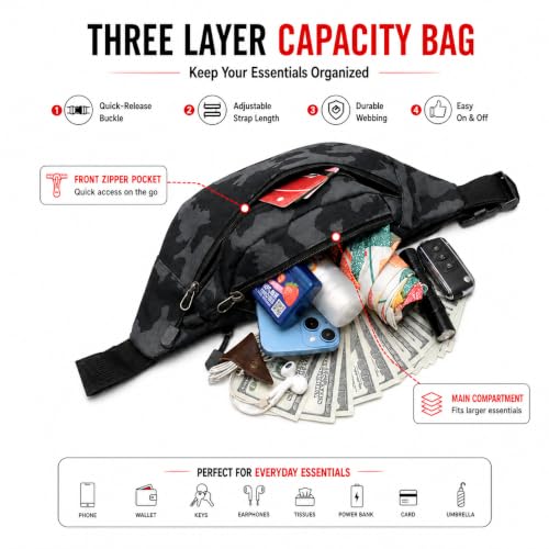 Camouflage Waist Bag, Dark Camo, 10x3x5.2in | Waterproof, Oxford Cloth, Multi-Layer, Sport Fanny Pack, Outdoor Phone Sling Bag - color: Dark Camo