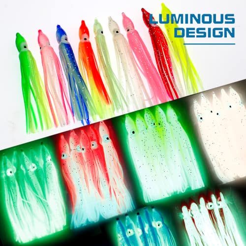 Squid Swimbait Fishing Lures - Tail Octopus Jig Head Glow Soft Plastic Lures - Trout Bass Fishing Baits Kit - color: D-glow squid lures 50pcs 3.54in