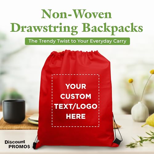 DISCOUNT PROMOS Custom Non-Woven Drawstring Backpacks Set of 10/50/100, Personalized Bulk Pack - color: Red, size: 10/50/100