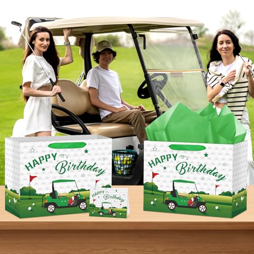 Hooqict Large Golf Gift Bag Golf Themed Birthday Party Gift Wrapping Bag with Handles, Tissue Paper, Greeting Cards for Kids Boys Men Goodie Candy Treat Party Favors - color: Golf