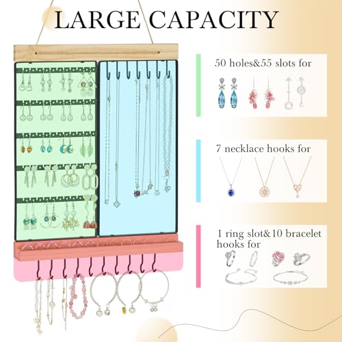 Feyejade Hanging Jewelry Organizer, 5-Tier Wall Earring Holder with Wooden Ring Groove, Jewelry Rack Wall Mounted for Earrings, Necklaces, Bracelets and Rings, Jewelry Holder Stand, Black - color: Black, size: Standard