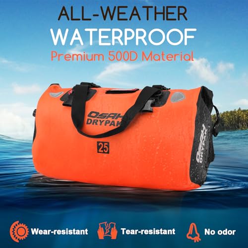 OSAH DRYPAK Waterproof Duffel Bag - Motorcycle Dry Bag Tail Bag with Large Storage Space, Waterproof Luggage Duffle Bags with Outer Mesh Zipper Pocket for Camping, Kayaking, Fishing & Traveling - color: Orange, size: 25L