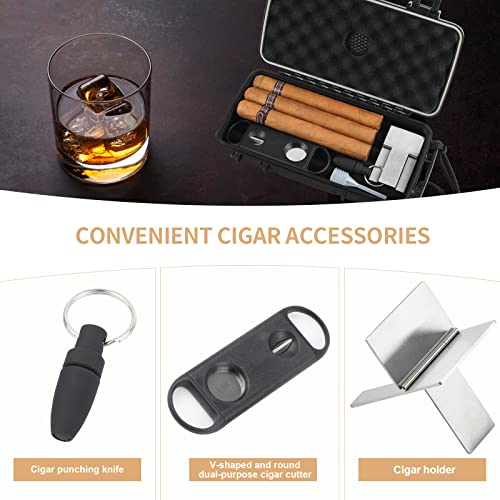 Travel Humidor Box With Cigar Accessories - Spanish Cedar, Humidifier, Cutter, Stand, Punch - Holds 4-5 Cigars - Waterproof, Crushproof, Airtight Seal - size: Store 4-5 cigars