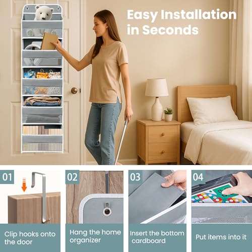 Easy Assembly Over The Door Organizer, 6 Shelves& 10 Side Pockets, Heavy-Duty Reinforced Mesh Rack Holds 44lb, Hanging Behind Door Storage for Bathroom Pantry, Nursery, Closet, Shoes, Towels-Grey - color: Grey, size: 6 shelf