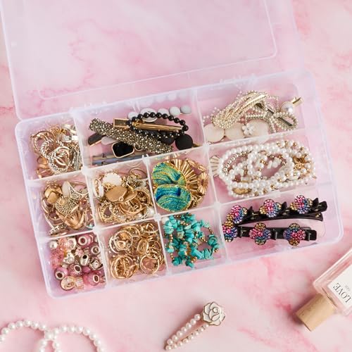 Mauproy 15 Grids Large Plastic Organizer Box with Adjustable Dividers, Clear Craft Organizer and Storage Tackle Box Compartment Container with Label Stickers for Beads, Jewelries, Tools - style: Large 15 Grids