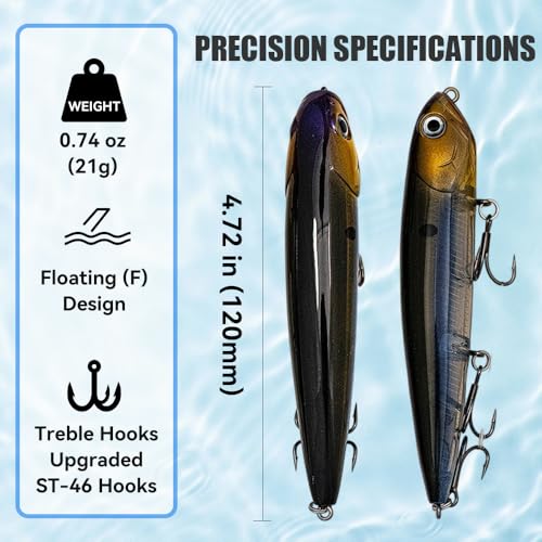 Topwater Plopping Lure Kit -5 Lures+5 Blades in Plastic Case, 4.7in,Adjustable for Walking Bait or Surface Tractor Action. Fishing Gifts for Men Targeting Pike, Bass, Musky in Freshwater