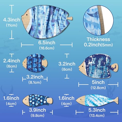 Putuo Decor 5 Ps Wood Fish Nautical Beach Wall Decor Wall Hanging Fish Sculpture Decor Lake House Ocean Decor Vintage Blue Fish Ornaments for Home Bathroom Bedroom (6.5 In) - color: Blue Fish