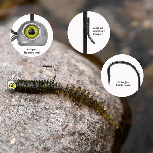15-Pack Fish Eye Ned Rig Jig Heads with Welded Wire Bait Keeper – 1/16 3/32 1/8 3/16 1/4oz with 2/0 3/0 Hooks, Chartreuse Eyes, Secure Finesse TRD Hookup for Bass Fishing - size: 1/8oz - 15Pack